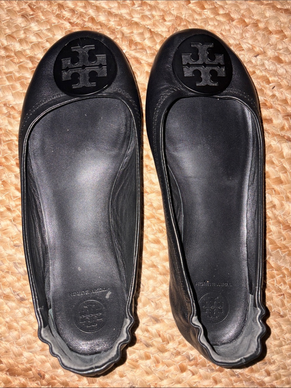 Tory Burch Black Leather Logo Ballet Flats